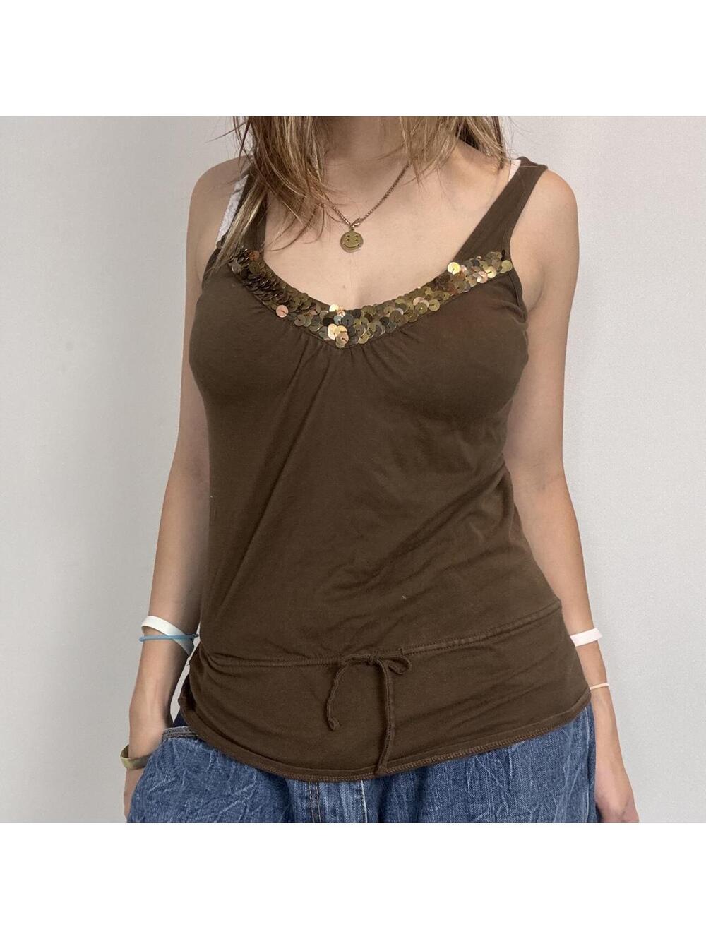 Tapemeasure brown tank top adjustable tie on waist & metal sequin detail small